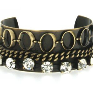 Bracciale metallo con 3 tipi di catene diverse saldate: catena strass, catena grumetta e catena ovali colore ottone vecchio