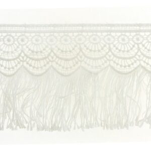passamaneria ricamo con frangia, mm 90, 100% poliestere, colore bianco.